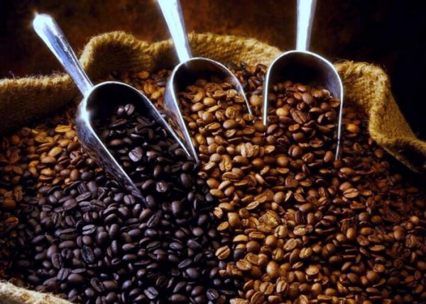 Arabica and Robusta coffee beans blended together