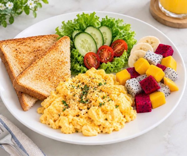 Eggs with toast and fresh fruit in Hoi An