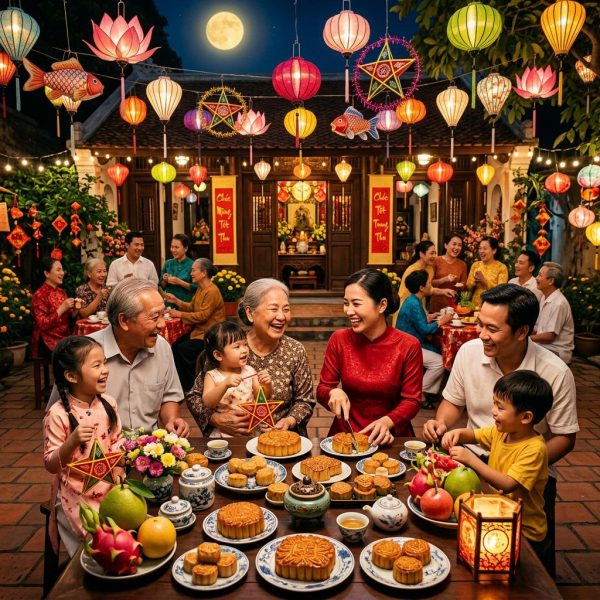 Vietnamese family celebrating Mid-Autumn Festival with children and lanterns