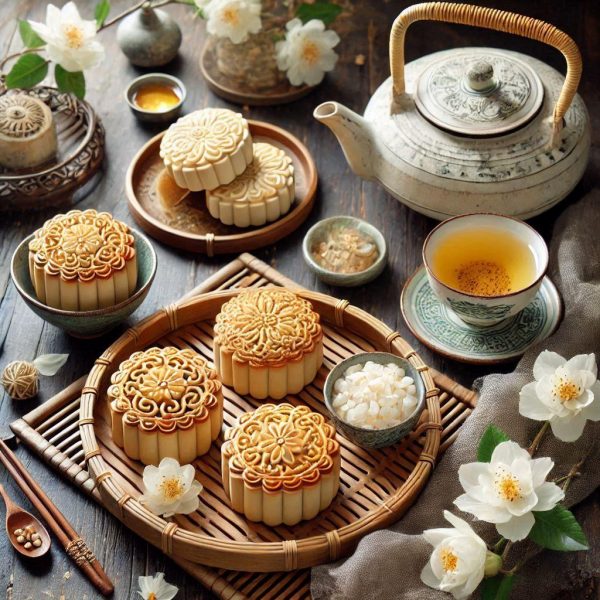 Vietnamese mooncakes served with traditional Vietnamese tea