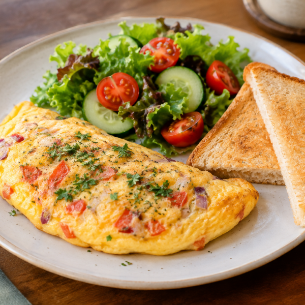 Omelet with tomato and onion served with toast and fresh salad in Hoi An