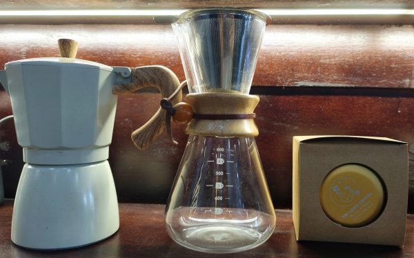 Moka pot, pour over and Vietnamese Phin coffee brewing equipment at Tri Long Coffee Roastery