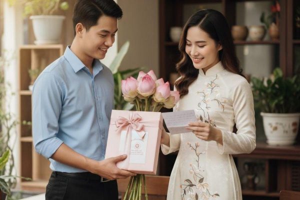 People celebrating Vietnamese Women's Day with flowers and gifts in Vietnam