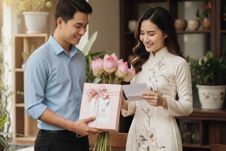 People celebrating Vietnamese Women's Day with flowers and gifts in Vietnam