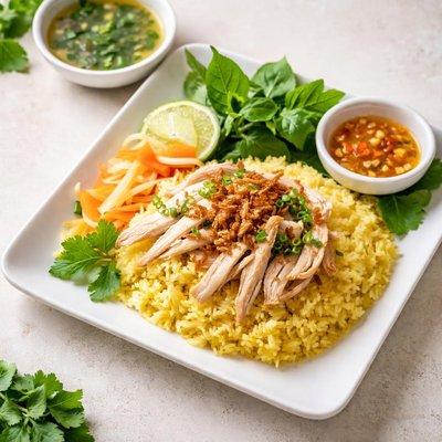 Hoi An chicken rice with golden rice, shredded chicken, fresh herbs and pickled vegetables