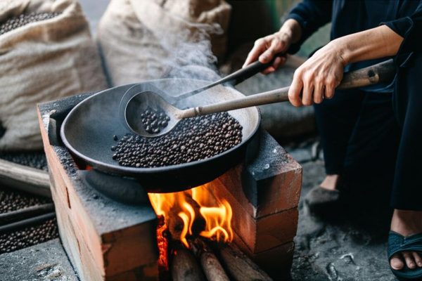 Traditional coffee roasting method using a pan over fire